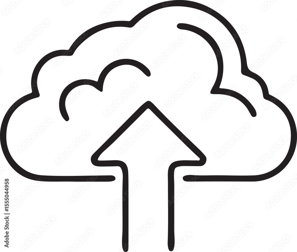 Poster cloud upload icon in minimal black line style for technology data backup or web storage symbols