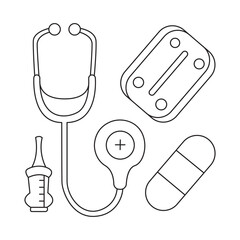 Health checkup icons hand drawn set cute coloring page for kids 
