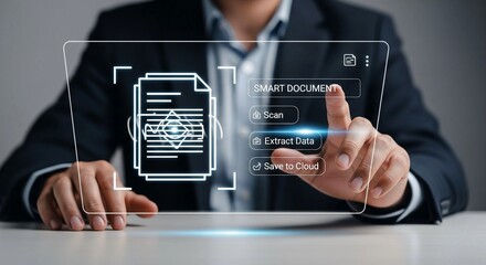 Smart Document Scanner Hologram Interface Showing Scan, Extract, and Cloud Save Steps
