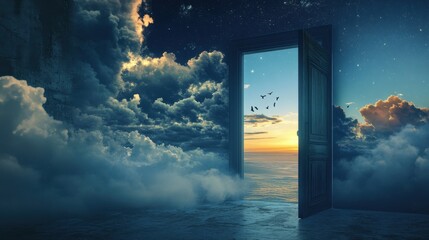 Gateway to the Surreal: A portal unfolds, revealing a breathtaking landscape of swirling clouds, celestial skies, and an open doorway.
