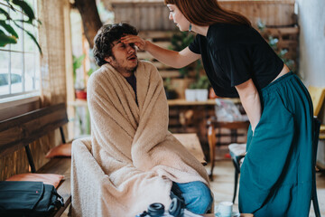 A woman gently checking the temperature of a sick man wrapped in a cozy blanket indoors, depicting...