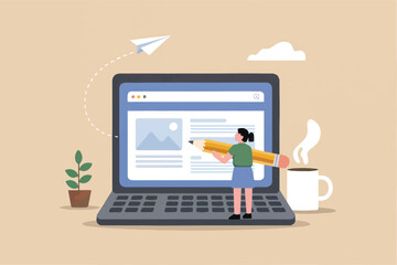 Flat cartoon vector illustration of a person writing on a laptop with a giant pencil isolated on transparent background