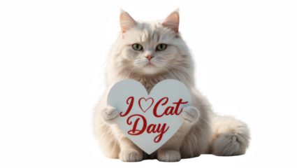 White cat holding sign celebrating Cat Day with heart shape  