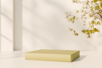 Minimalist beige platform with soft shadows and a delicate plant on a white surface. 3d rendering