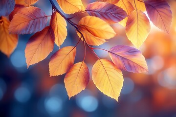 Autumnal branch with vibrant orange yellow and purple leaves against a blurred bokeh background