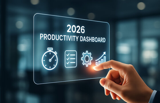 2026 productivity dashboard with hand selecting virtual interface icons, concept of business performance, time management, workflow optimization, and efficiency in modern office