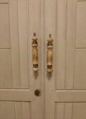 old wooden door. vintage wooden door with a pair of classic ornate handles.
