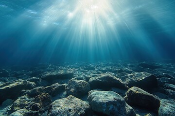 The sea is full of rocks, with the sun shining through clouds and mist upon them
