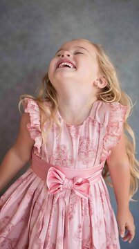 Happy 5 year old girl in a pink dress holding a blue balloon in her hands. A balloon flies out of her hands.