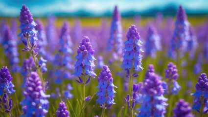 Obraz premium Purple flowers in a field with a blurred background, vibrant and colorful, lush and blooming flowers.