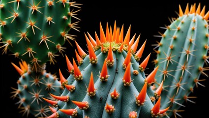 Close-up of cacti with sharp, orange spines against a dark background, highlighting their unique textures and vibrant colors.