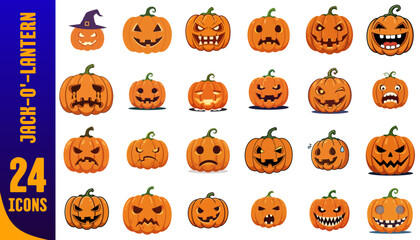 24 Halloween jack-o'-lantern icons with various facial expressions  