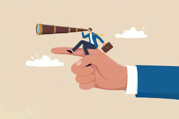 Businessman with spyglass on a giant finger isolated on transparent background