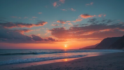 Fototapeta premium Sunset over the beach with clouds in the sky and silhouette of mountains in the background. Nature and landscape, tranquility and beauty.
