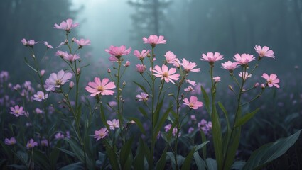 Fototapeta premium A field of pink flowers in a misty forest setting.