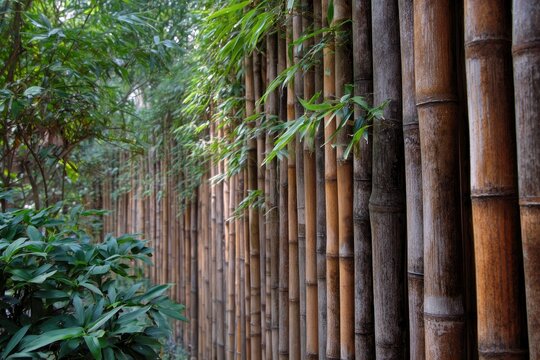 A bamboo fence with green leafy plants in the foreground casting light patterns on the poles - Powered by Adobe