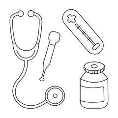 Health checkup icons hand drawn set cute coloring page for kids 
