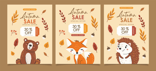 Wild animals set isolated, cute forest animals, kids vector, design for posters, stickers, banners