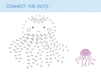 Dot to dot educational game for children. Cute cartoon jellyfish. Numbers game. Printable worksheet for kids. Connect the dots and color. Vector illustration.