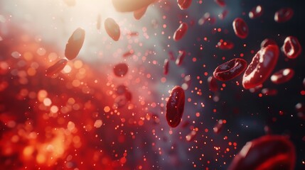 red blood cells in a blue background. Concept of chaos and disorder, as the red blood cells are scattered and disorganized. The blue background adds a sense of calmness