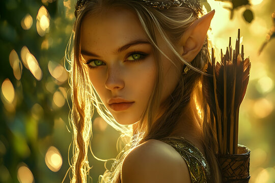 Young caucasian female elf archer in a sunlit forest, wearing a quiver of arrows, with long hair and pointed ears