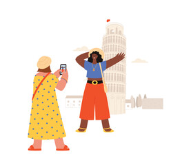 Happy women make photo of her friend near Pisa Tower. Friends on summer vacations. Travel destinations Italy. Summer travel destinations Europe. Flat style vector illustration