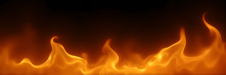 A close-up view of dynamic, highly detailed orange and yellow flames rises against a crisp black background. The flames extend upward, providing intense contrast and ample copy space above.