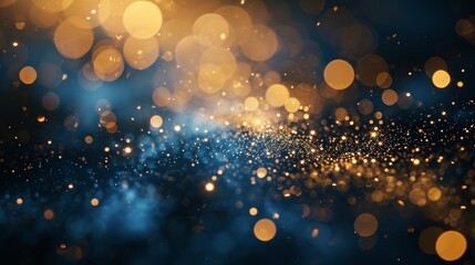 Golden light shine particles bokeh on navy blue background. Holiday. Abstract background with Dark blue and gold particle, shine, bright, sparkle, magical, glittering, texture, effect, space