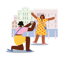 Happy women make photo of her friend near Ca' d'Oro palace in Venice. Friends on summer vacations. Travel destinations Italy. Summer travel destinations Europe. Flat style vector illustration