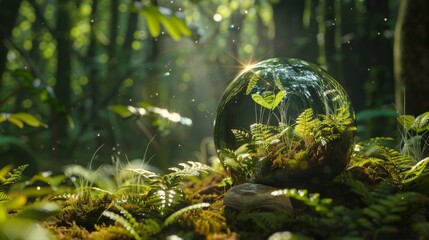 Environment Concept, ball is surrounded by green grass and trees, creating a peaceful and serene atmosphere. The sunlight is shining on the ball