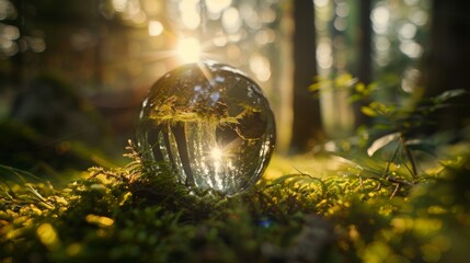 Environment Concept, ball is surrounded by green grass and trees, creating a peaceful and serene atmosphere. The sunlight is shining on the ball