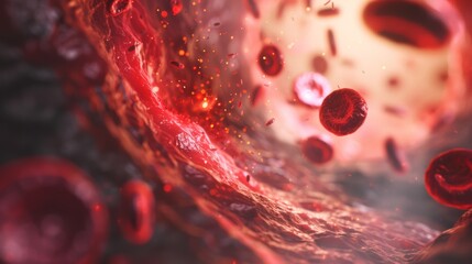 microbiology, Fat hyperlipidemia or arteriosclerosis hemoglobin red blood vessel cell micro microscope inside interior human body. Embolism and cholesterol and intestinal tumors