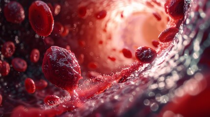 microbiology, Fat hyperlipidemia or arteriosclerosis hemoglobin red blood vessel cell micro microscope inside interior human body. Embolism and cholesterol and intestinal tumors