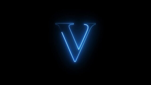 neon glowing light V letter icon animation on black background