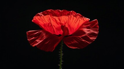 Red poppy flower on black background. Remembrance Day, Armistice Day, Anzac day symbol, floral, flora, blossom, closeup, garden, bloom,