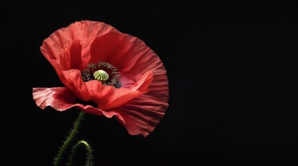 Red poppy flower on black background. Remembrance Day, Armistice Day, Anzac day symbol, floral, flora, blossom, closeup, garden, bloom,