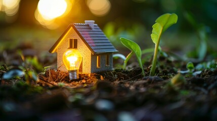 Smart house and environment, Small house model and light bulb on the ground for real estate, eco design , green electricity energy background