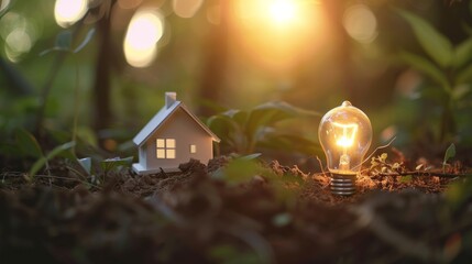Smart house and environment, Small house model and light bulb on the ground for real estate, eco design , green electricity energy background