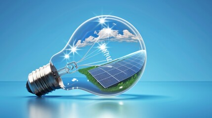 A light bulb is lit up and placed on top of a solar panel. Concept of innovation and sustainability, as the light bulb is powered by the sun