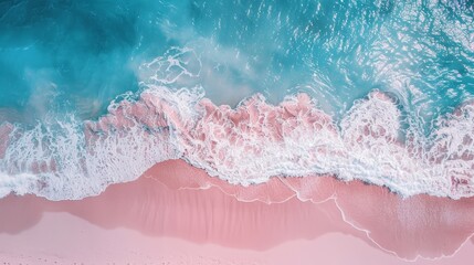 Top view of amazing pastel pink blue beach , copy space available, beautiful beach with pink water and pink sand, summer, water