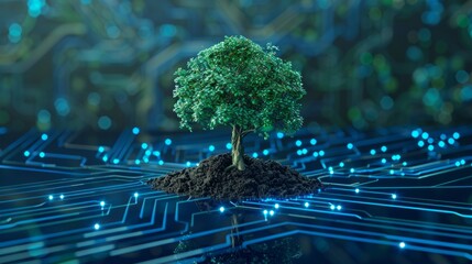 Tree with soil growing on the converging point of computer circuit board. Blue light and wireframe network background. Green Computing, Green Technology, Green IT, csr, and IT ethics Concept