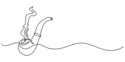 One continuous line drawing smoking pipe with smoke. Vintage tobacco pipe isolated on white background. Tube for smoking tobacco concept in a minimalistic linear style . Vector illustration.          