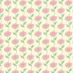 Vintage Pink Flowers Seamless Pattern with Green Leaves