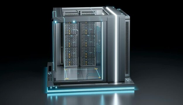 Futuristic data center design with transparent server enclosure and glowing base, representing advanced technology.
