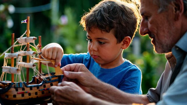 Grandfather helping young boy build and adjust a model sailing ship outdoors at sunset &ndash; bonding activity, family heritage &ndash; Generative A