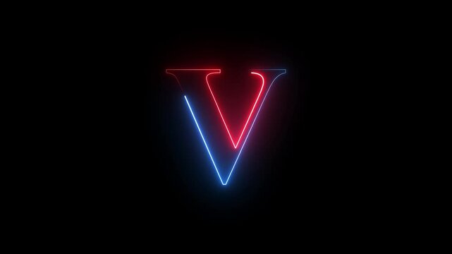 neon glowing light V letter icon animation on black background