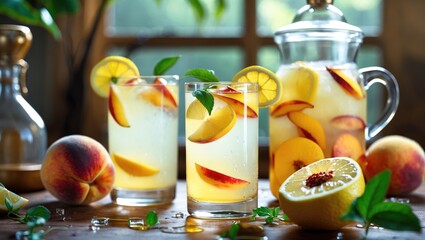 Refreshing peach and lemon infused beverage with slices of fruit and mint, served in glasses and a pitcher, surrounded by whole peaches and halved lemon.