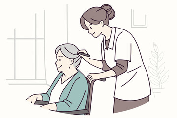 Caregiver combing elderly woman in wheelchair. Hair care, grooming for senior lady. Hairdresser during assistance, help for old aged female