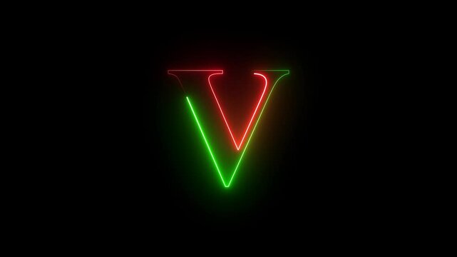neon glowing light V letter icon animation on black background