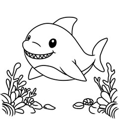 A playful line art illustration of a baby shark in the ocean, perfect for underwater-themed coloring books, marine life education, or popular children's songs.